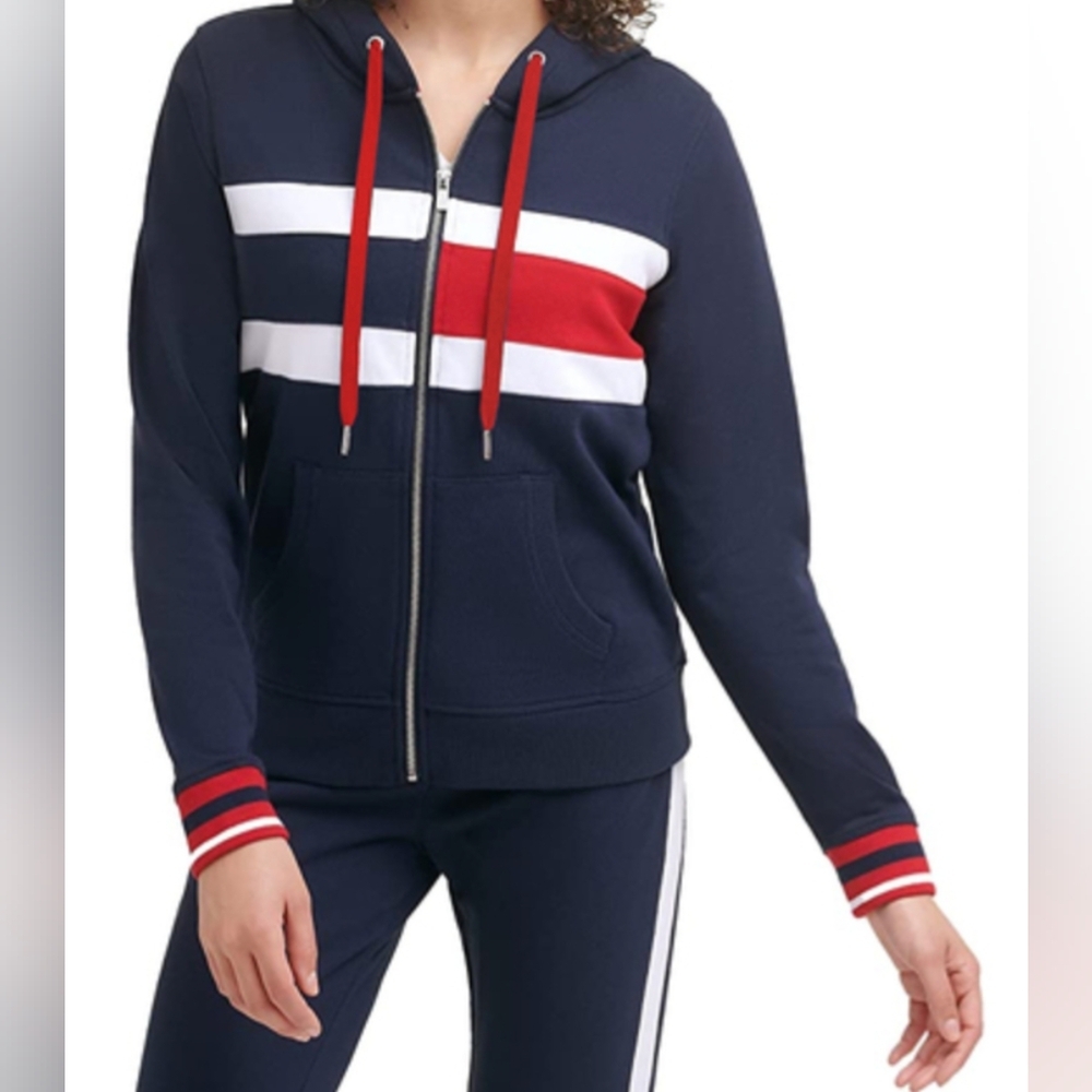 Tommy Hilfiger Zip Front Hoodie Block & Stripe Navy Size M NWT MSRP $69.50